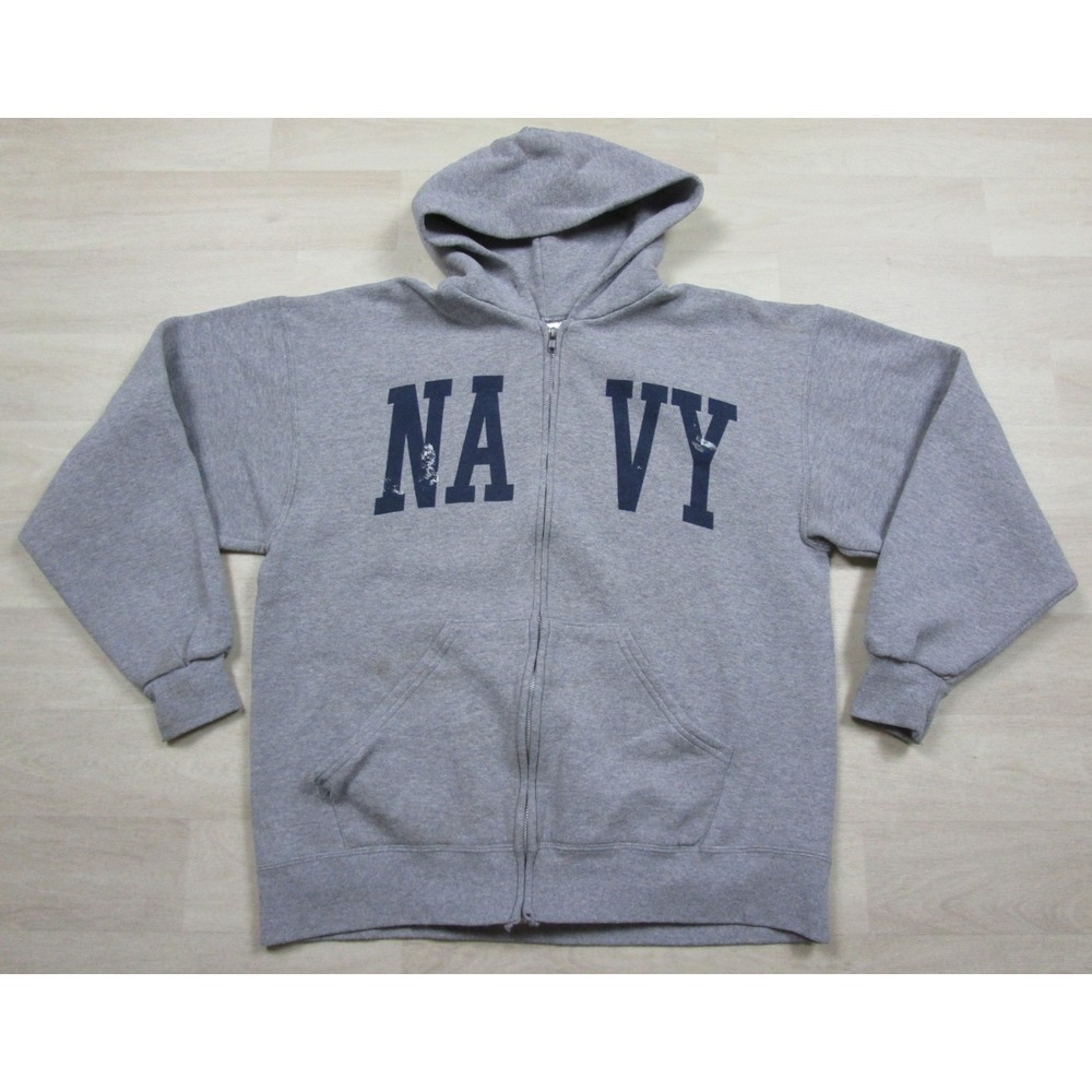 Y2K Soffe Navy Full Zip Hoodie Sweatshirt Men's (XL) US Military PFU Distressed